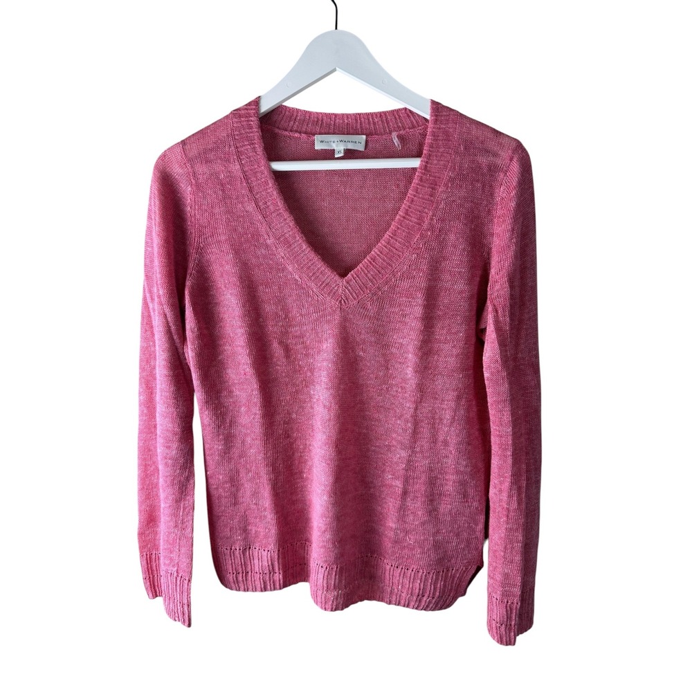 White + Warren Pink 100% Linen V-Neck Lightweight Sweater XS Heathered Pullover